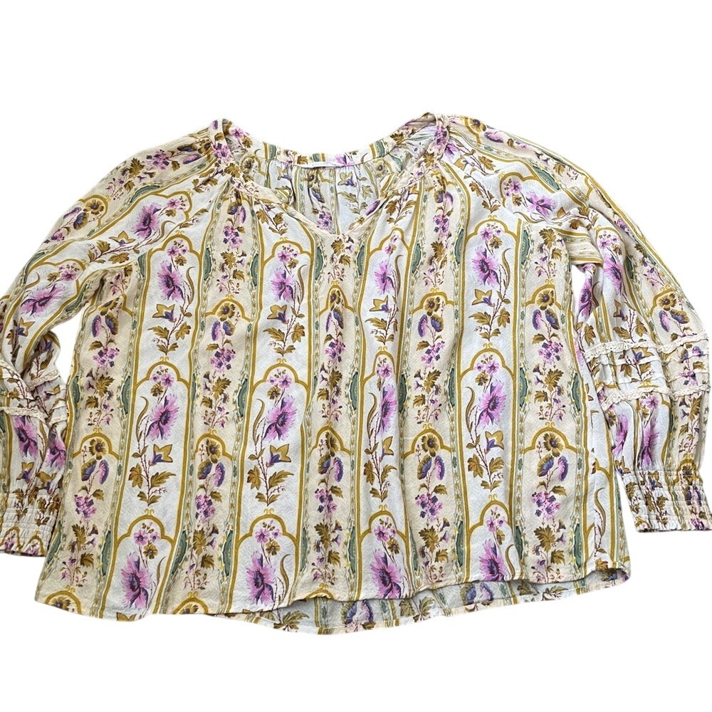 Jane + Delancey Floral Stripe V-Neck Blouse Purple Gold XL